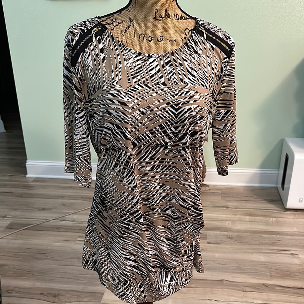 Allison Brittney Tan and Black Patterned Blouse. In good condition